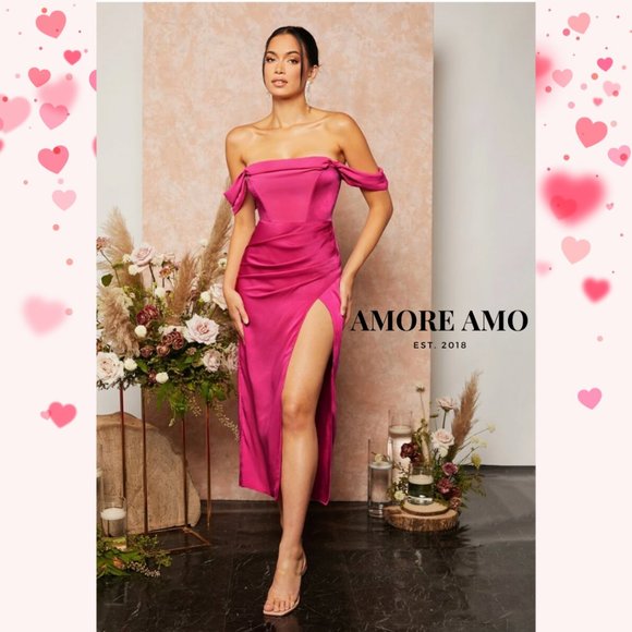 ❤️ Flora ❤️ Dress - Hug Hip Shell Pink Rose Flushed Ruched Satin Off Shoulder - Picture 7 of 10